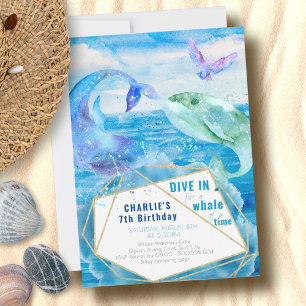 Convite Aniversário de Qualquer Idade Baleia Oceano Aquare