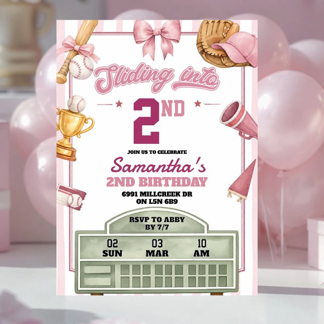 Convite Aniversário de Qualquer Idade com Beisebol Rosa Ro (Criador carregado)