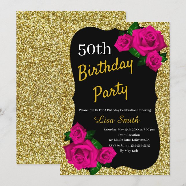 Convite Aniversário de Qualquer Idade Dourado Brilho Rosas (Frente/Verso)
