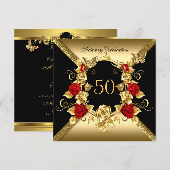 Convite Aniversário de qualquer idade Elegante Ouro Rosas  (Frente/Verso)