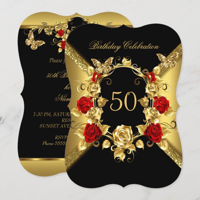 Convite Aniversário de qualquer idade Elegante Ouro Rosas  (Frente/Verso)