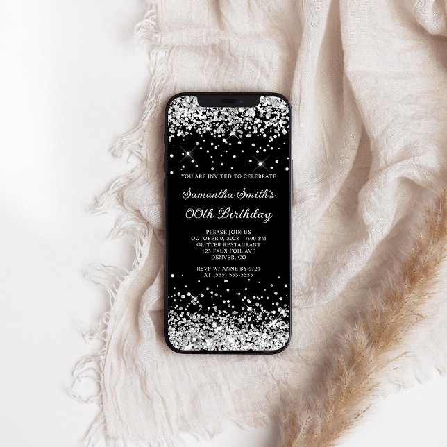 Convite Aniversário de qualquer idade em preto e brilho pr (Black and Silver Glitter Any Age Birthday Invitation)