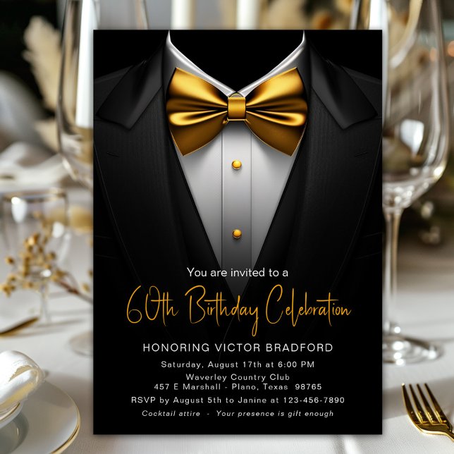 Convite Aniversário de Qualquer Idade para Homens em Tuxed (Black tuxedo with elegant gold tie any number birthday or event invitation. Simply add your details.)