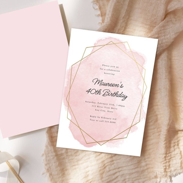 Convite Aniversário de Qualquer Idade Rosa Elegante Aquare (Criador carregado)