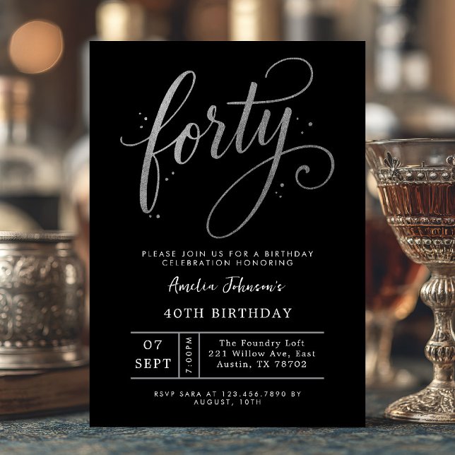 Convite Aniversário de Quarenta 40 Elegante Preto e Prata (Forty and flawless ✨ Celebrate in style with this chic black and silver invite.)