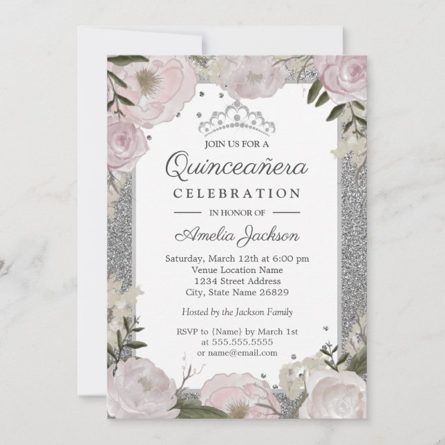 Convite Aniversário de Quinceanera Brilho Rosa Prata Flora (Frente)