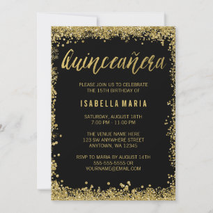 Convite Aniversário de Quinceanera do brilho Dourado pret