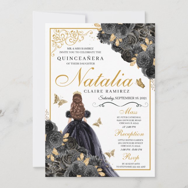 Convite Aniversário de Quinceanera Floral Dourada e Negra  (Frente)
