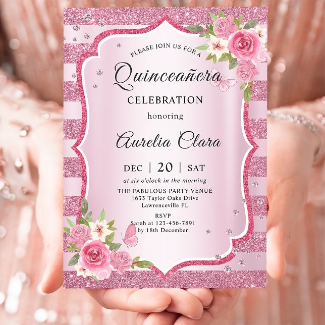 Convite Aniversário de Quinceañera Floral Rosa (Criador carregado)