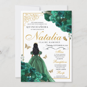 Convite Aniversário de Quinceanera Floral Verde Esmeralda