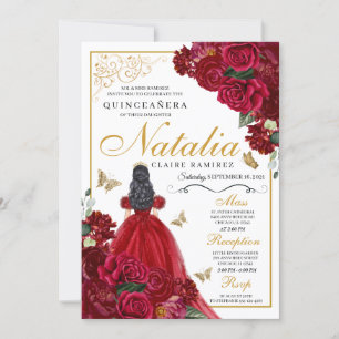 Convite Aniversário de Quinceanera Floral Vermelha e Doura