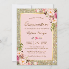 Convite Aniversário de Quinceanera | Flores Rosa Dourado B