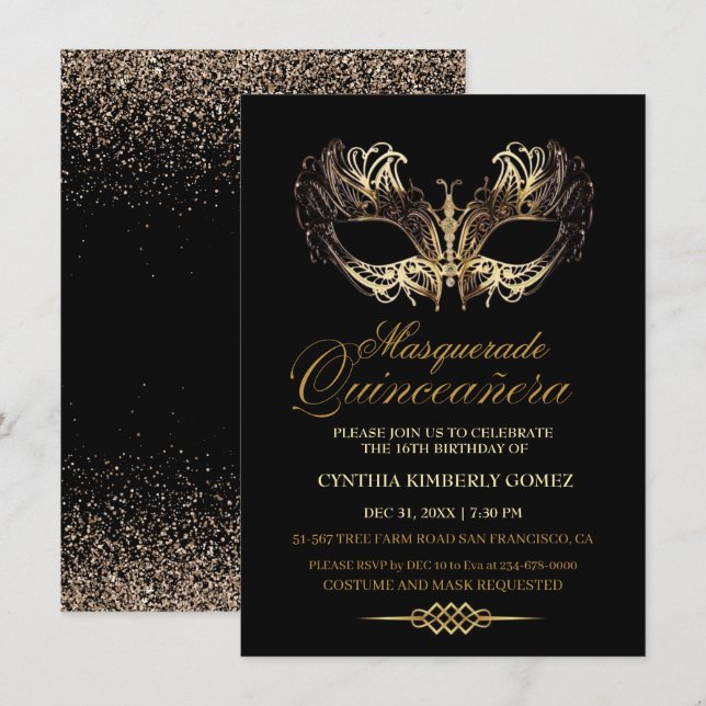 Convite Aniversário de Quinceanera Mascarada Chic (Frente/Verso)