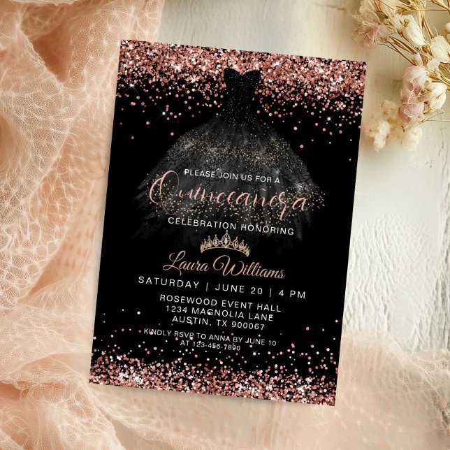 Convite Aniversário de Quinceañera Princesa com Brilho em  (Black & Rose Gold Princess Dress quinceañera Birthday Invitation)
