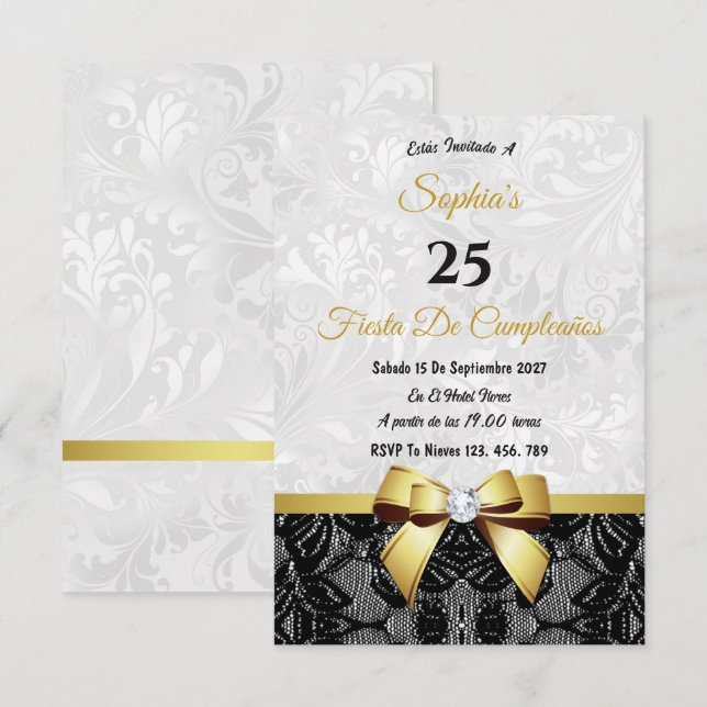 Convite Aniversário de Renda e Damasco (Frente/Verso)