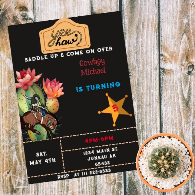 Convite Aniversário de Rodeio Caubói Cactus Western (Criador carregado)