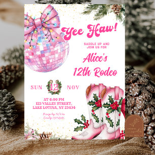 Convite Aniversário de Rodeio de Natal de Inverno Rosa Cow