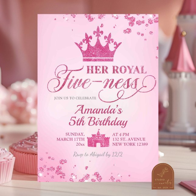 Convite Aniversário de Royal Fiveness com Brilho Rosa (Criador carregado)