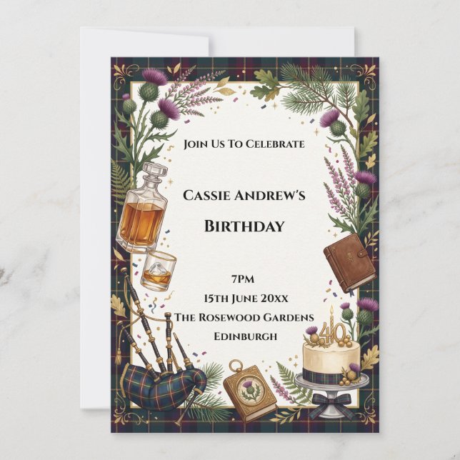 Convite Aniversário de Scottish Whisky com Data Comemorati (Frente)