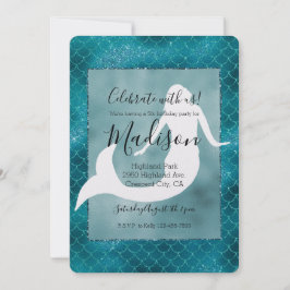 Convite Aniversário de Sereia Brilho Glitter Azul Água-mar