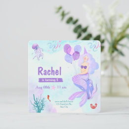 Convite Aniversário de Sereia com Aquarela Rosa e Roxa