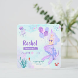 Convite Aniversário de Sereia com Aquarela Rosa e Roxa