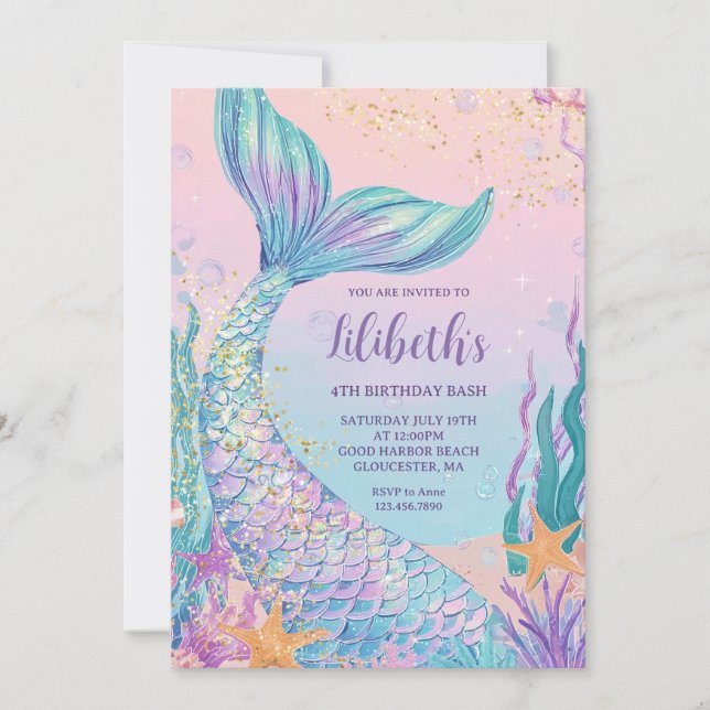 Convite Aniversário de Sereia em Aquarela (Frente)