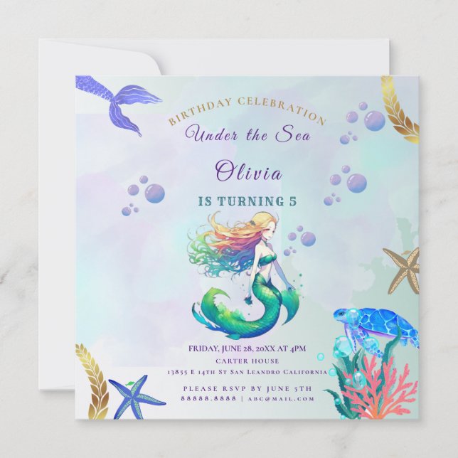 Convite Aniversário de Sereia Roxa e Dourada sob o Mar (Frente)