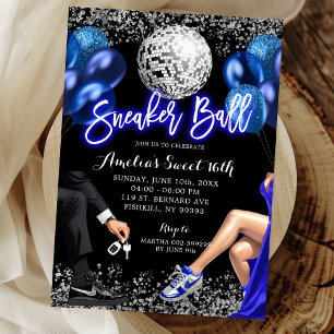 Convite Aniversário de Sneaker Ball Azul Real e Prata Disc