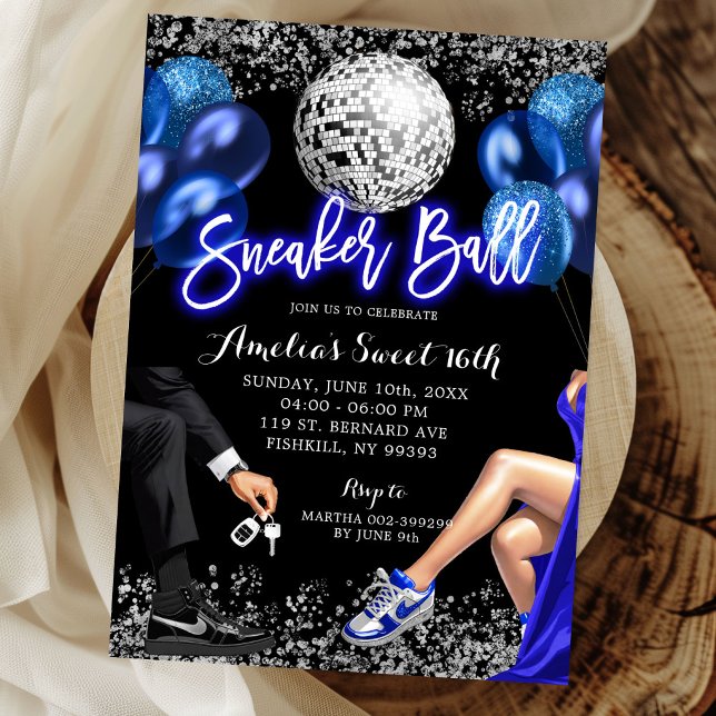 Convite Aniversário de Sneaker Ball Azul Real e Prata Disc (Criador carregado)