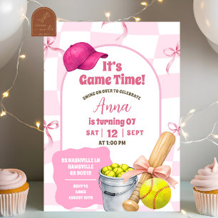 Convite Aniversário de Softbol Blush Pink com Laço Retro O