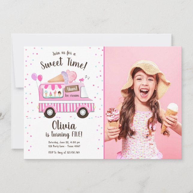 Convite Aniversário de sorvete de Truck, Garota Rosa e Doc (Frente)