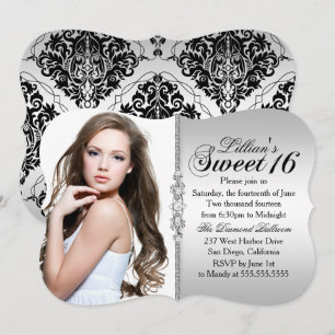 Convite Aniversário de Sweet 16 com Joia Prateada e Preta 