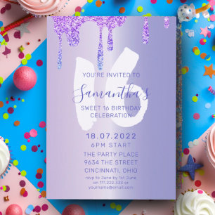 Convite Aniversário de Sweet 16 Roxo Metálico & Gotas de B