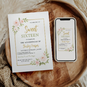 Convite Aniversário de Sweet Sixteen em Letra Dourada Flor