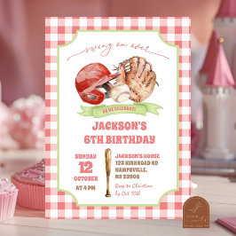 Convite Aniversário de Swing de Beisebol Preppy Vermelho