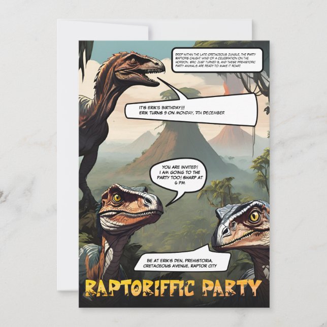Convite Aniversário de Tema de Romance Gráfico de Dinossau (Frente)