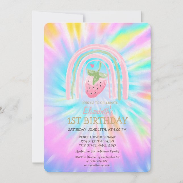 Convite Aniversário de Tie Dye de Morango Arco-íris Aquare (Frente)