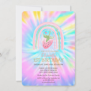 Convite Aniversário de Tie Dye de Morango Arco-íris Aquare