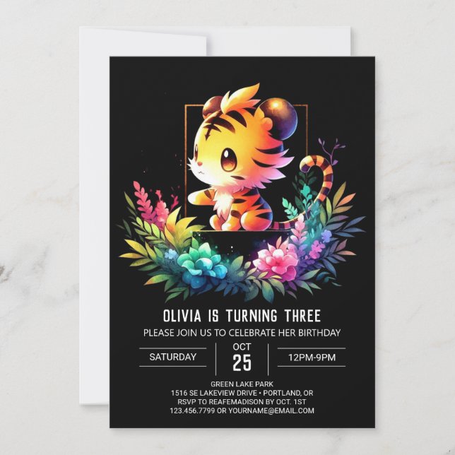 Convite Aniversário de Tigre Encantado Adorável (Frente)