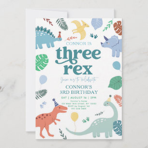Convite Aniversário de Três Anos do Dinossauro Azul Boho R