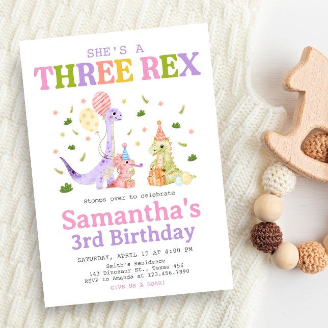 Convite Aniversário de Três Dinossauros Rex (Dinosaur 3rd Birthday Invitation)