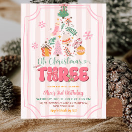 Convite Aniversário de Três Natal Menina Rosa Fofo Retro