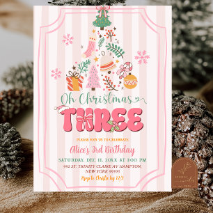 Convite Aniversário de Três Natal Menina Rosa Fofo Retro