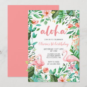 Convite Aniversário de um ano Aloha Tropical flamingo luau