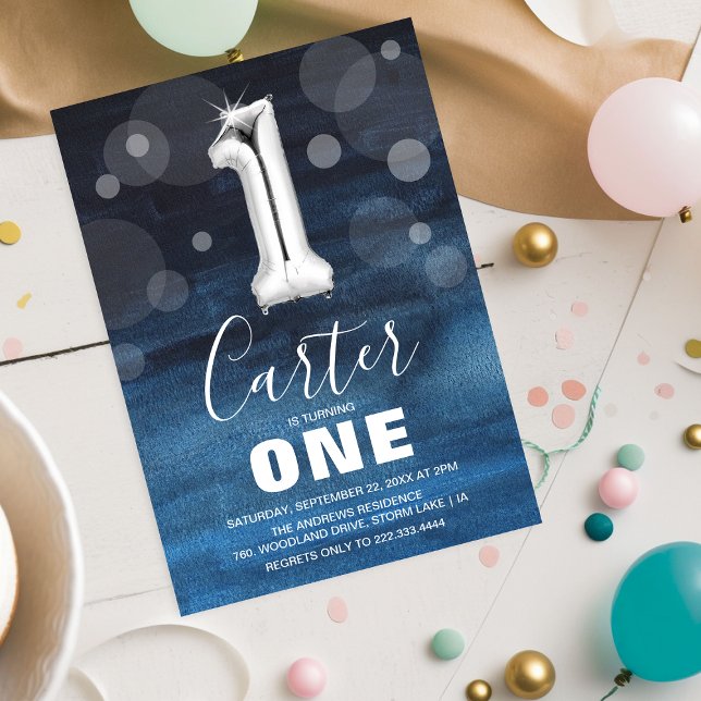 Convite Aniversário de Um Ano Balão de Prata Azul | Festa (Criador carregado)