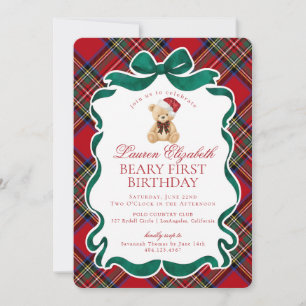 Convite Aniversário de Um Ano Beary Xadrez Tartã Vermelha 