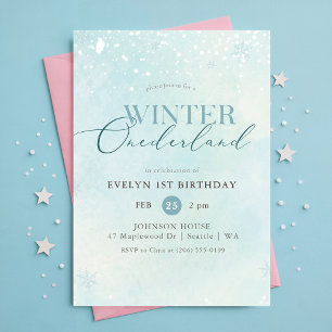 Convite Aniversário de Um Ano Blue Winter Onederland Floco