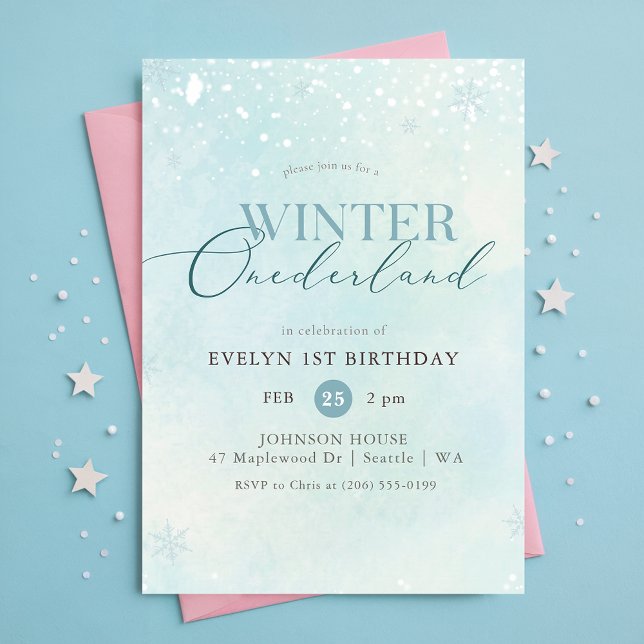 Convite Aniversário de Um Ano Blue Winter Onederland Floco (Criador carregado)