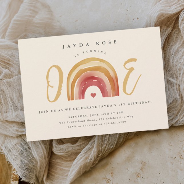 Convite Aniversário de Um Ano Boho Arco-íris (Boho rainbow one first birthday party invitation.)